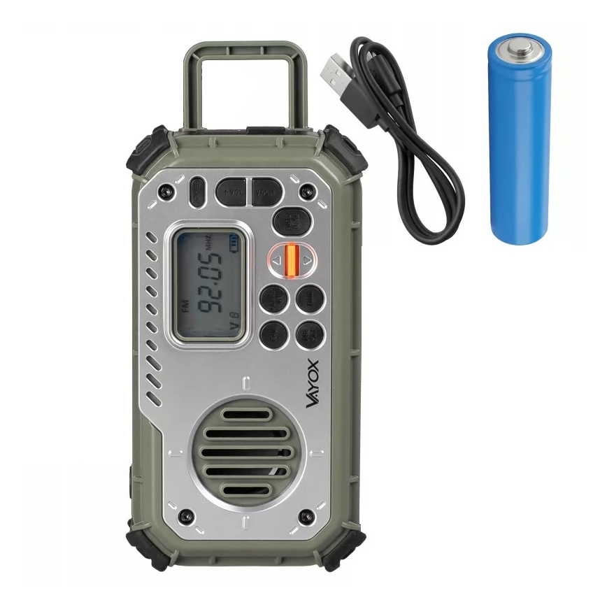 Rádio de campismo com manivela, painel solar e lanterna LED com função de powerbank 5V/3xAAA/2000 mAh IPX4 verde