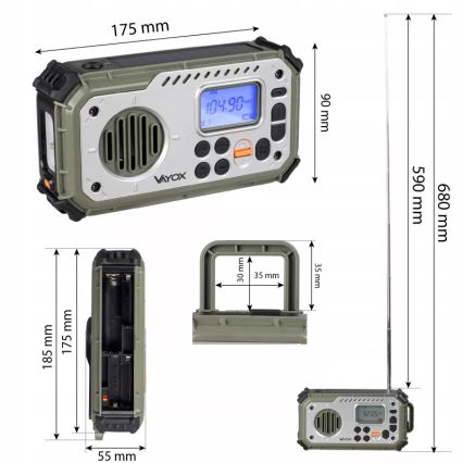 Rádio de campismo com manivela, painel solar e lanterna LED com função de powerbank 5V/3xAAA/2000 mAh IPX4 verde