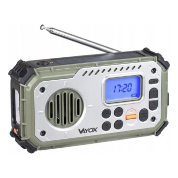 Rádio de campismo com manivela, painel solar e lanterna LED com função de powerbank 5V/3xAAA/2000 mAh IPX4 verde