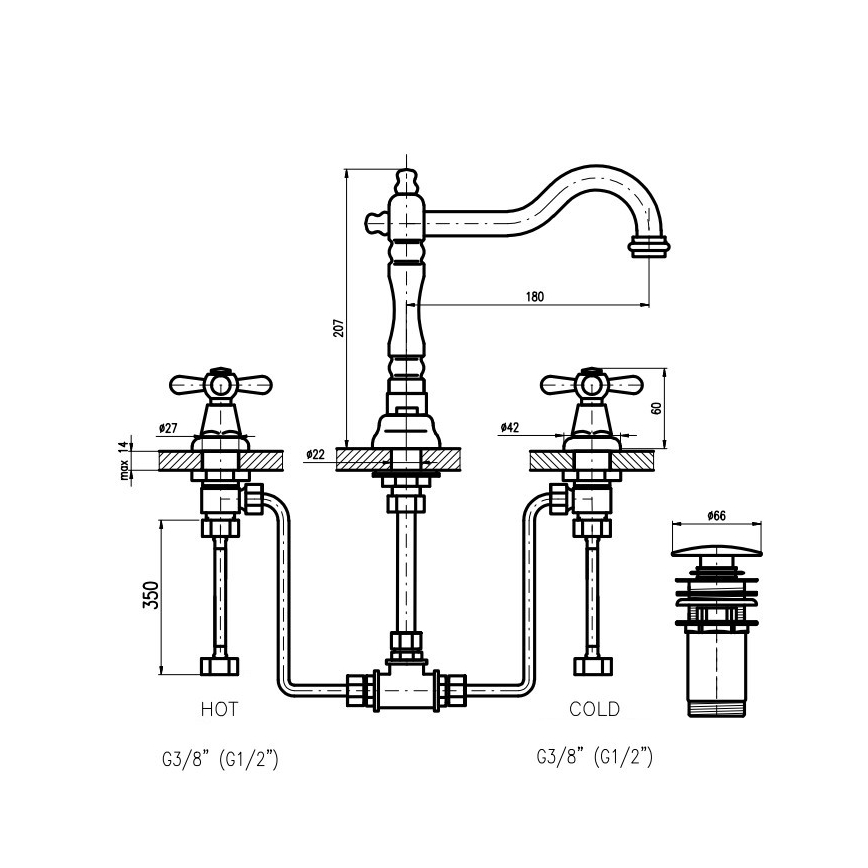 RAV Slezák MK132.0SM - Torneira de lavatório + válvula MORAVA RETRO em latão envelhecido