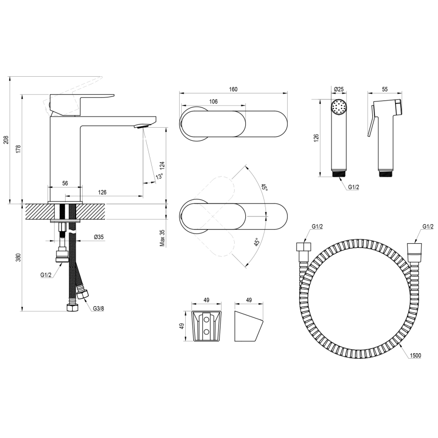 Ravak X070462 - Torneira de lavatório com ducha para bidé CHROME preta