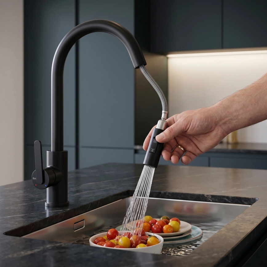 REA-B6571 - Torneira de cozinha ONTARIO com bico extraível, 38 cm, preta