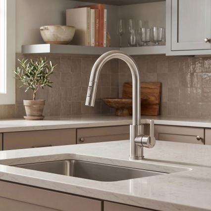 REA-B7573 - Torneira de cozinha ONTARIO 38 cm com bica extraível, acabamento níquel