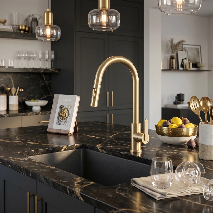 REA-B7575 - Torneira de cozinha ONTARIO 38 cm com chuveiro extraível, acabamento dourado escovado