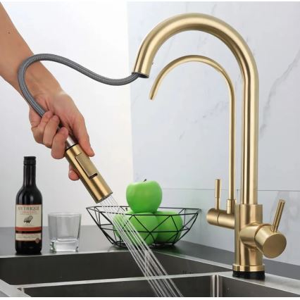 REA-B7596 - Torneira de cozinha com bica extraível e sistema de filtragem ECO FRESH, 37,5 cm, dourado escovado