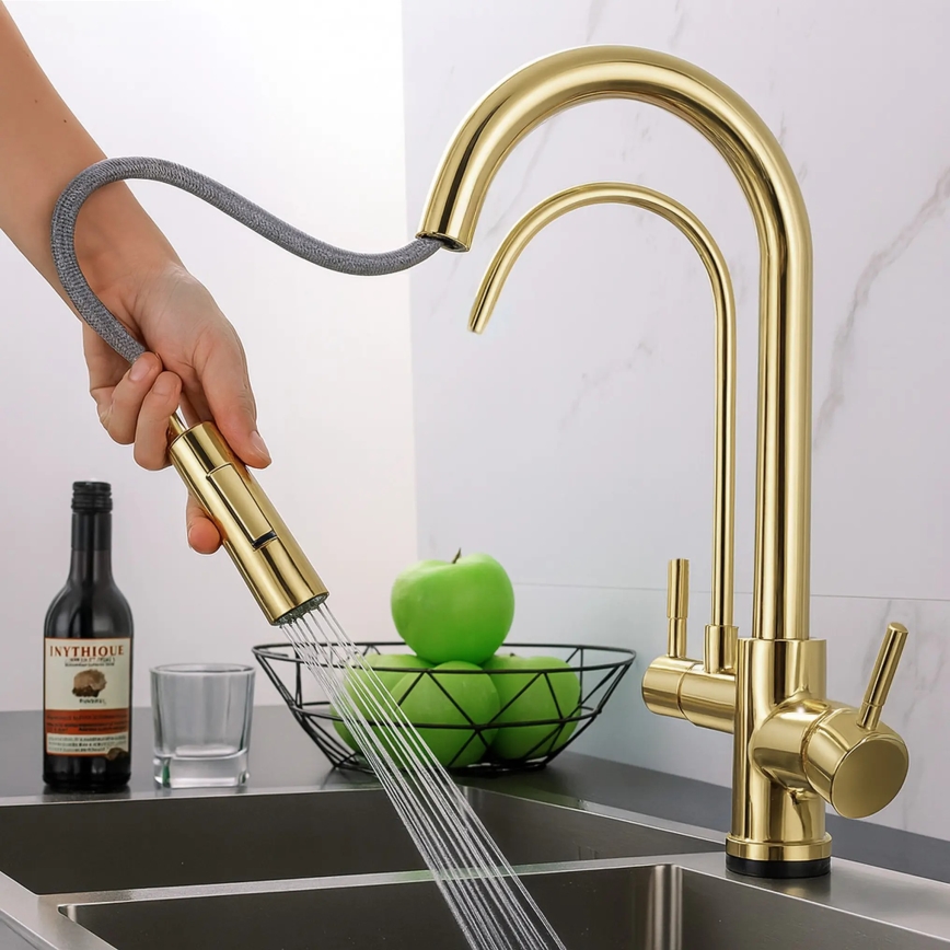 REA-B8989 - Misturadora de cozinha com bico extraível e filtração ECO FRESH, 37,5 cm, dourada