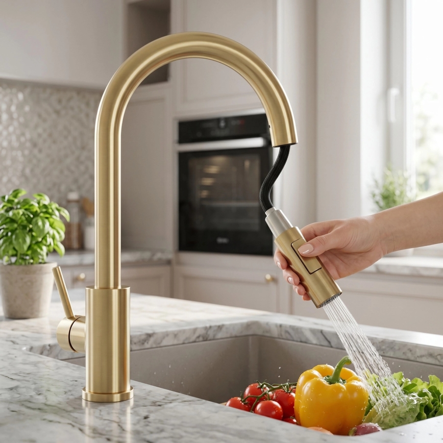 REA-B9842 - Torneira de cozinha com acionamento por toque e chuveiro extraível FRESH TOUCH, 37 cm, 4xAA, dourado escovado