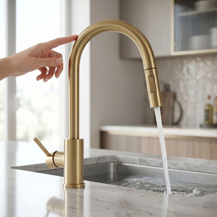 REA-B9842 - Torneira de cozinha com acionamento por toque e chuveiro extraível FRESH TOUCH, 37 cm, 4xAA, dourado escovado