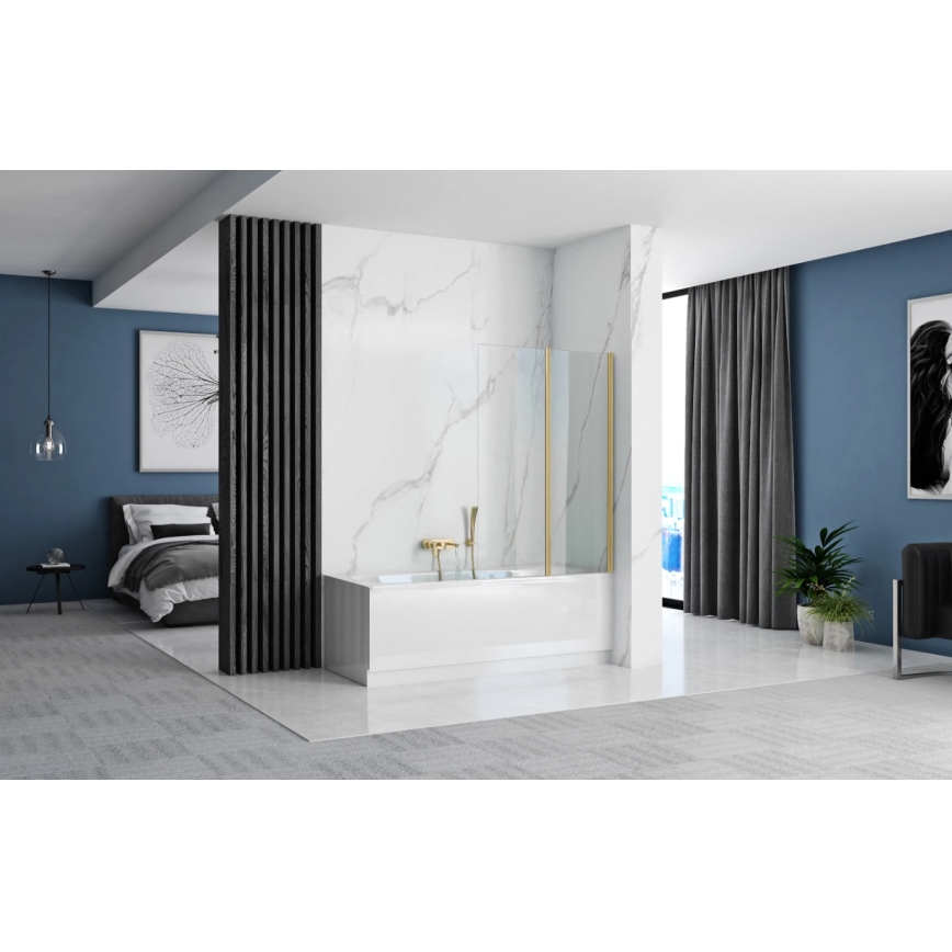 REA-K9777 - Painel dobrável para banheira AGAT 140x100 cm, acabamento dourado escovado/vidro transparente