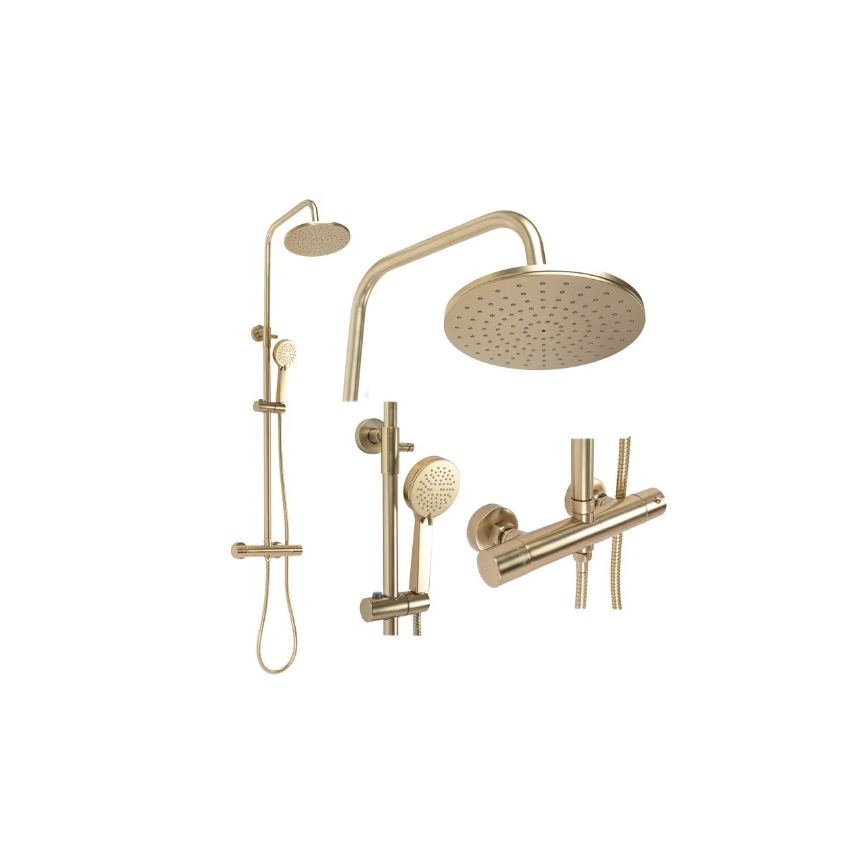 REA-P2323 - Conjunto de duche com bateria termostática PAROT, acabamento dourado escovado