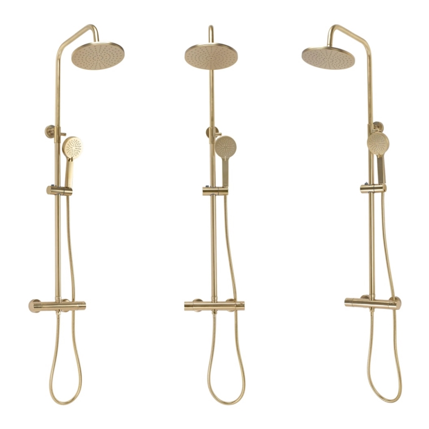 REA-P2323 - Conjunto de duche com bateria termostática PAROT, acabamento dourado escovado