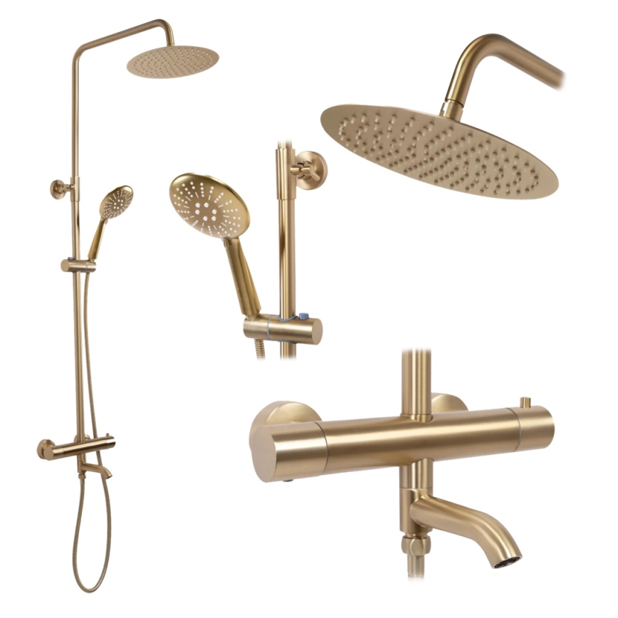 REA-P6604 - Conjunto de duche com bateria termostática LUNGO dourado escovado