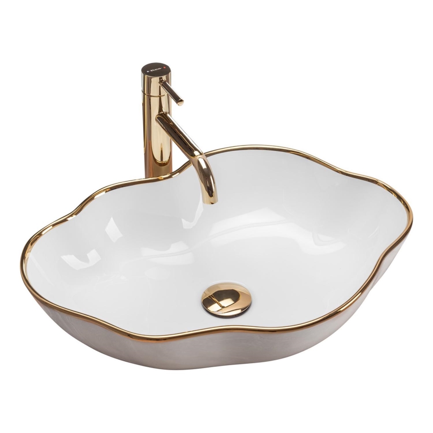 REA-U0696 - Lavatório de bancada PEARL 38 x 50,5 cm cerâmica/branco brilhante/dourado