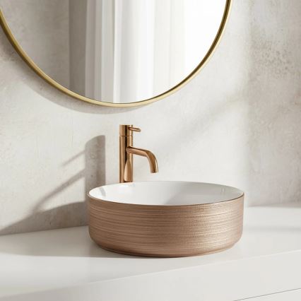 REA-U3303 - Lavatório de bancada SAMI Ø 37 cm cerâmica/branco/dourado