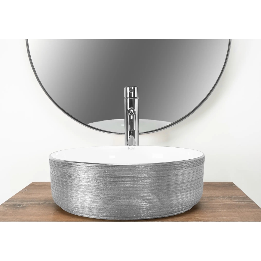 REA-U3304 - Lavatório de bancada SAMI Ø 36 cm cerâmica/branco/prateado