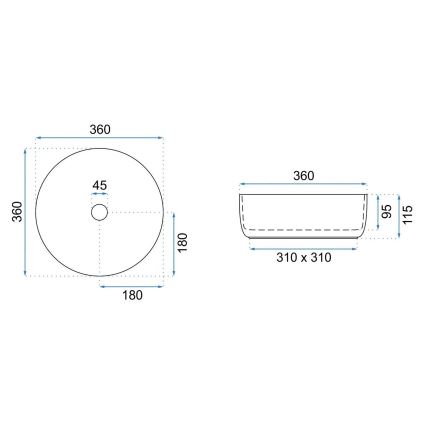 REA-U3304 - Lavatório de bancada SAMI Ø 36 cm cerâmica/branco/prateado