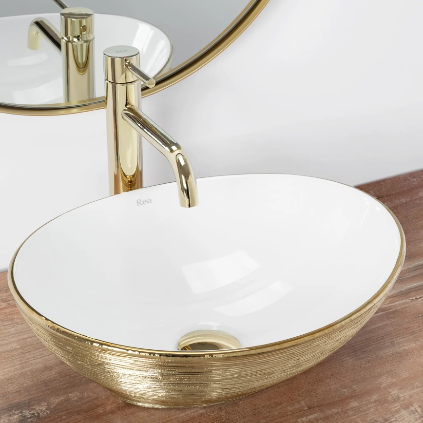 REA-U3697 - Lavatório para bancada SOFIA 34,5x41 cm cerâmica/branco/dourado escovado