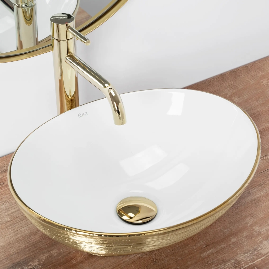 REA-U3697 - Lavatório para bancada SOFIA 34,5x41 cm cerâmica/branco/dourado escovado