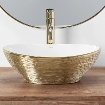 REA-U3697 - Lavatório para bancada SOFIA 34,5x41 cm cerâmica/branco/dourado escovado