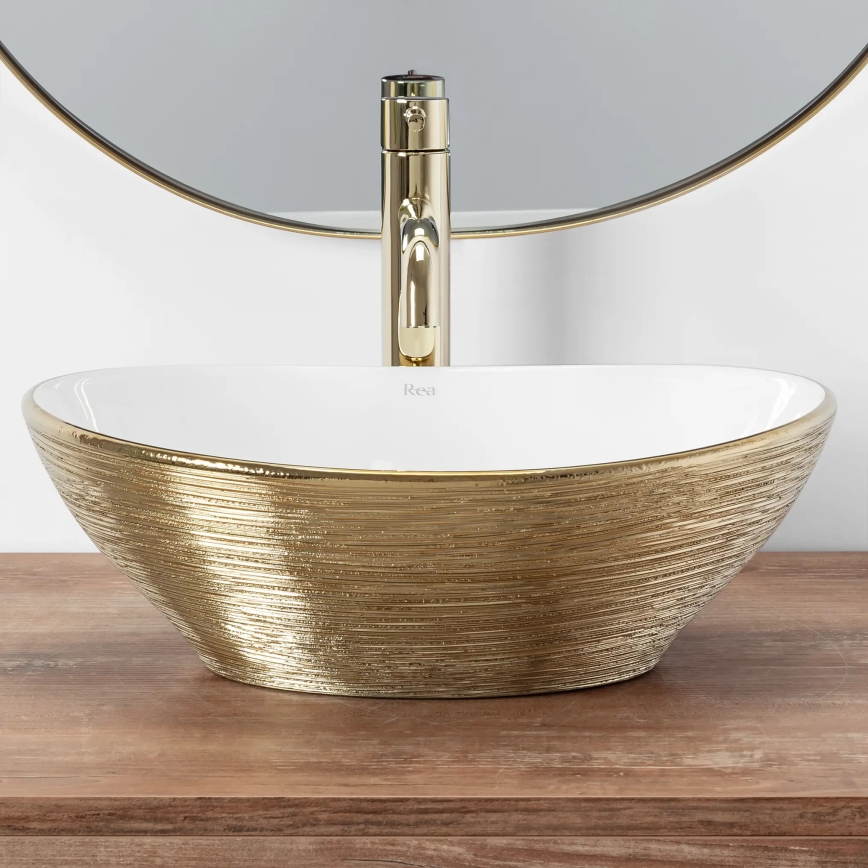 REA-U3697 - Lavatório para bancada SOFIA 34,5x41 cm cerâmica/branco/dourado escovado