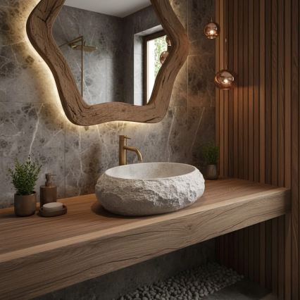 REA-U4332 - Lavatório para bancada MIKA 38x50 cm bege/cinza/efeito pedra