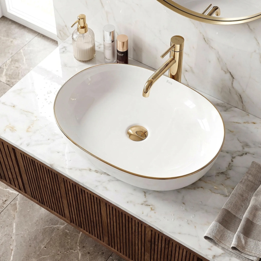 REA-U6211 - Lavatório de bancada CLEO 41x60,5 cm cerâmica/branco/dourado