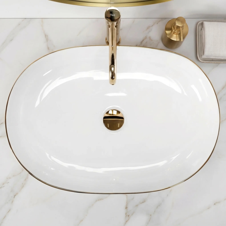 REA-U6211 - Lavatório de bancada CLEO 41x60,5 cm cerâmica/branco/dourado