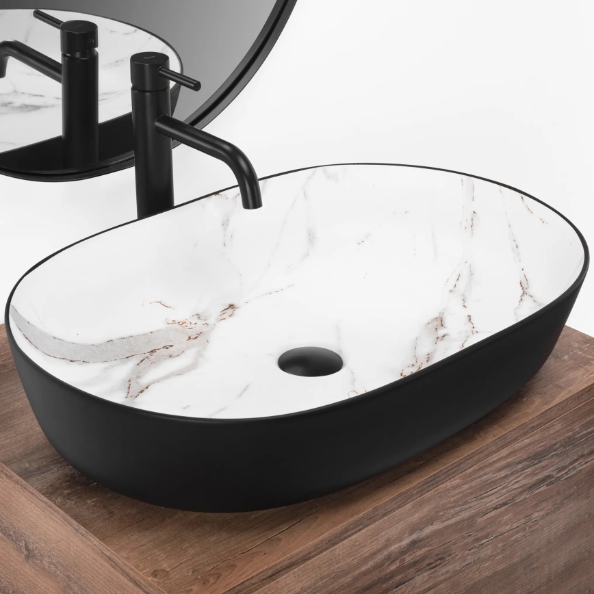 REA-U6625 - Lavatório de bancada CLEO 41x60,5 cm cerâmica/preto/branco/decoração em mármore