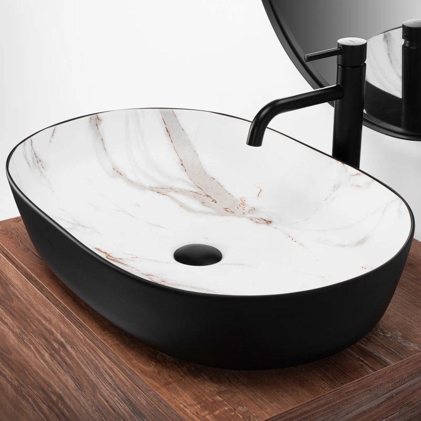 REA-U6625 - Lavatório de bancada CLEO 41x60,5 cm cerâmica/preto/branco/decoração em mármore