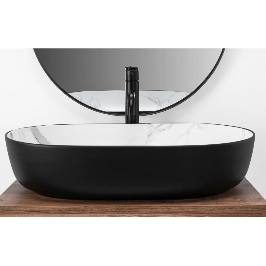 REA-U6625 - Lavatório de bancada CLEO 41x60,5 cm cerâmica/preto/branco/decoração em mármore
