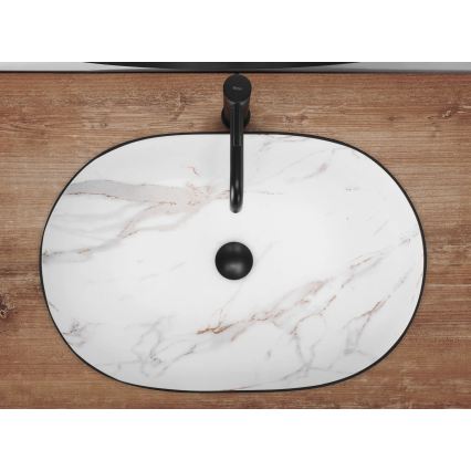 REA-U6625 - Lavatório de bancada CLEO 41x60,5 cm cerâmica/preto/branco/decoração em mármore