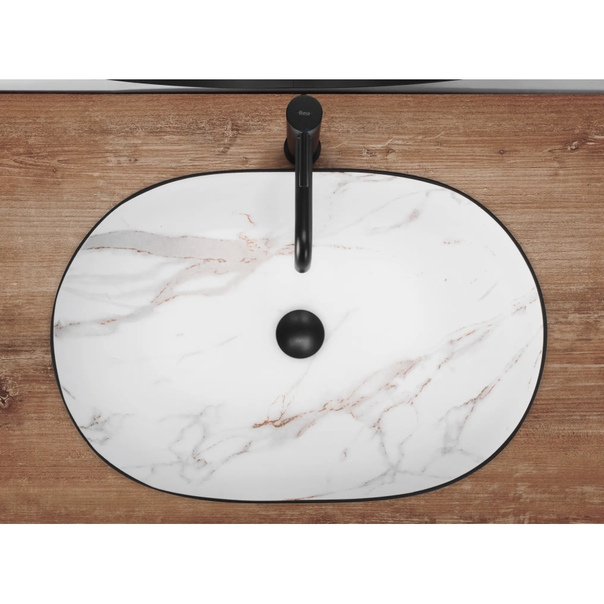 REA-U6625 - Lavatório de bancada CLEO 41x60,5 cm cerâmica/preto/branco/decoração em mármore