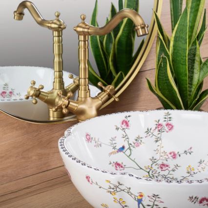 REA-U7504 - Lavabo de bancada FELICIA, diâmetro 42,5 cm, cerâmica/padrão floral