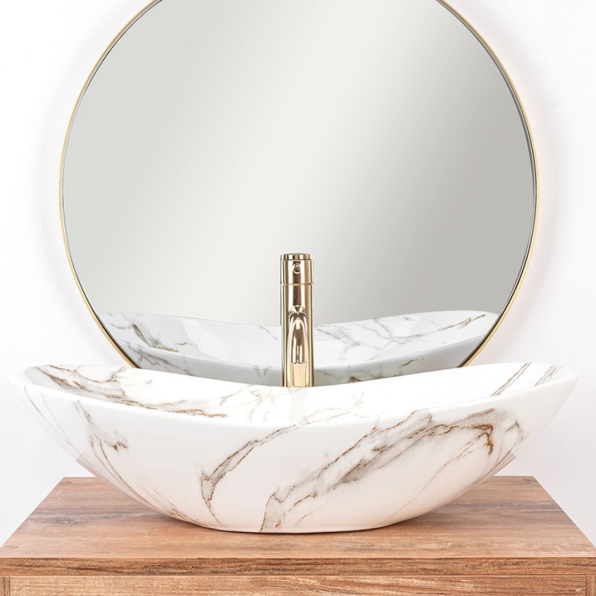 REA-U8597 - Lavatório de bancada ROYAL 36 x 62 cm em cerâmica com decoração em mármore