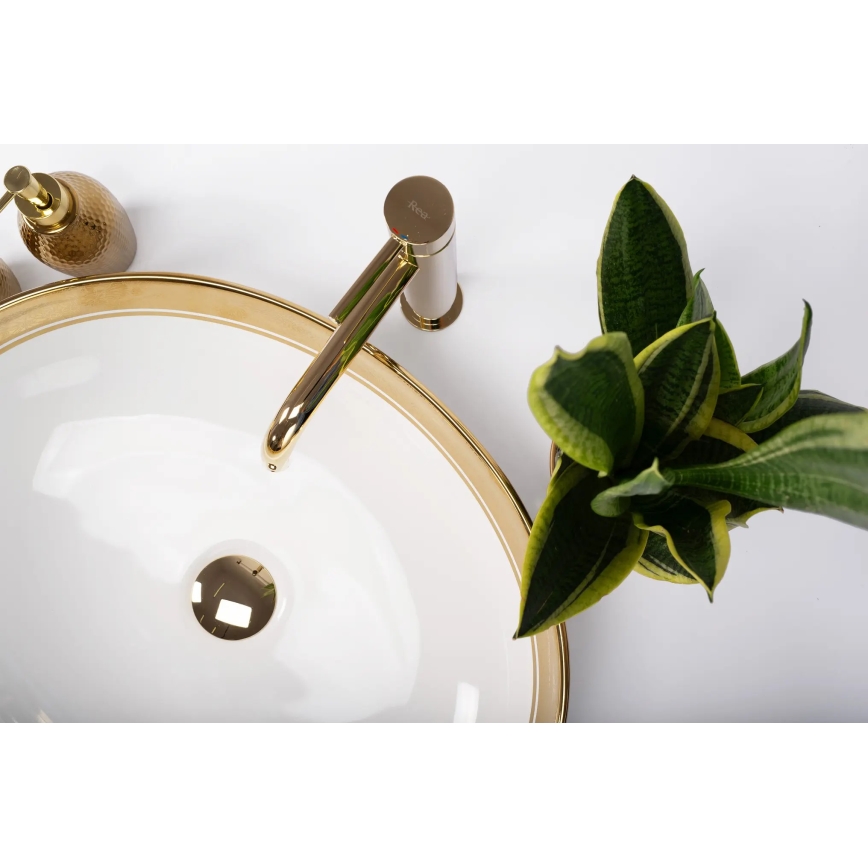 REA-U9650 - Lavatório de bancada MARGOT 40x52 cm cerâmica/branco/dourado