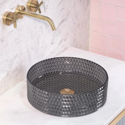 REA-U9671 - Lavatório de bancada CRISTAL diâmetro 35,5 cm vidro/cinzento fumê