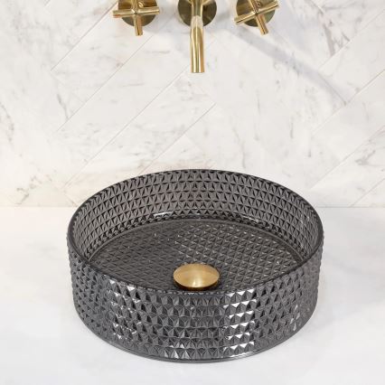 REA-U9671 - Lavatório de bancada CRISTAL diâmetro 35,5 cm vidro/cinzento fumê