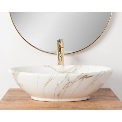 REA-U9685 - Lavatório PAMELA para bancada 33x53 cm, cerâmica com decoração em mármore