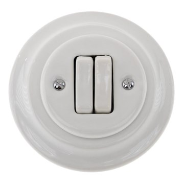 Reblig - Interruptor duplo retro em porcelana com moldura n.º 5, branco