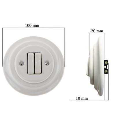 Reblig - Interruptor duplo retro em porcelana com moldura n.º 5, branco