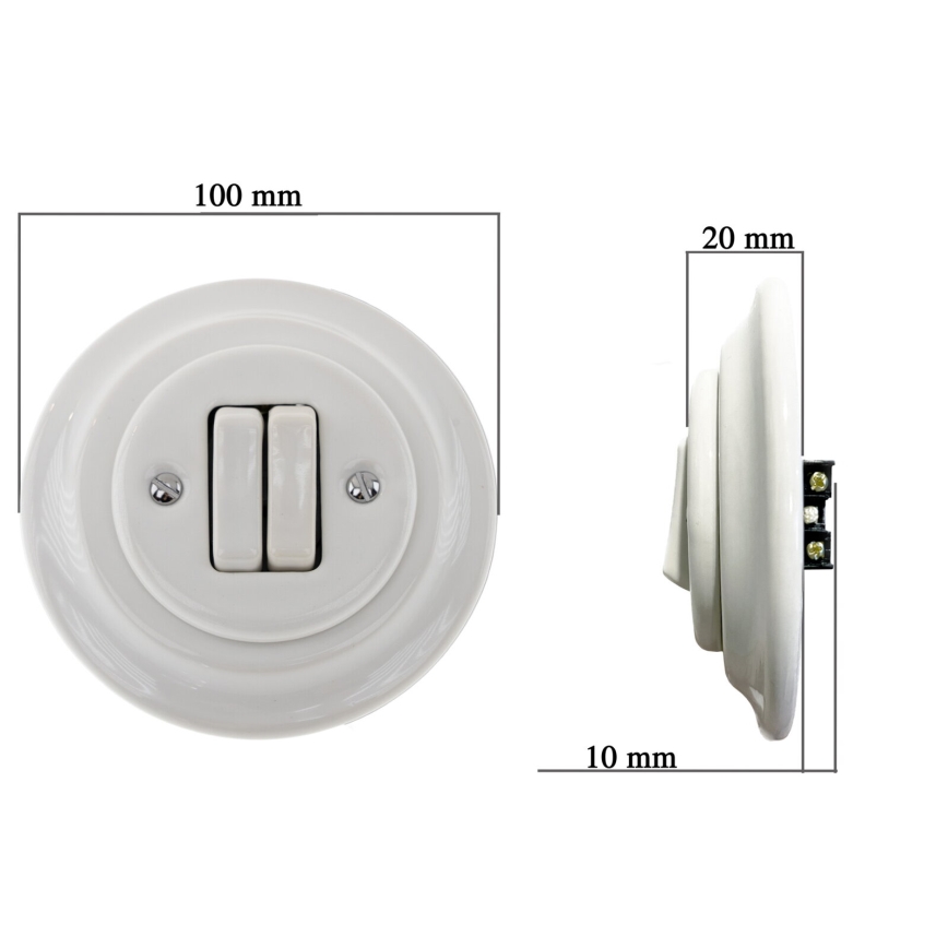 Reblig - Interruptor duplo retro em porcelana com moldura n.º 6+6, branco