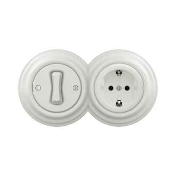 Reblig - Interruptor retro unipolar n.º 1 e tomada SCHUKO 230 V com moldura cerâmica branca
