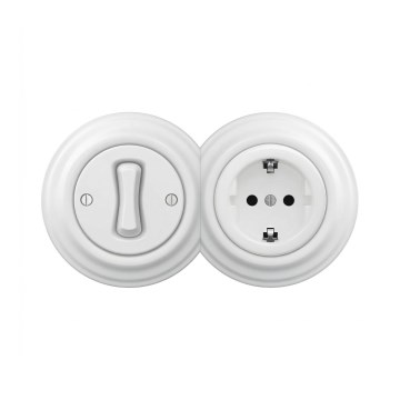 Reblig - Interruptor retro unipolar n.º 1 e tomada SCHUKO 230 V com moldura em branco neve