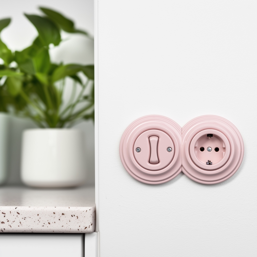 Reblig - Interruptor retro unipolar n.º 1 e tomada SCHUKO 230V com moldura rosa antiga