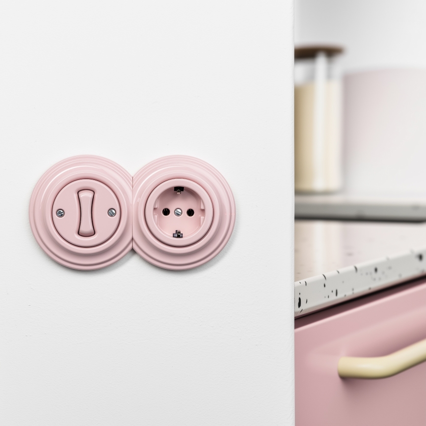 Reblig - Interruptor retro unipolar n.º 1 e tomada SCHUKO 230V com moldura rosa antiga
