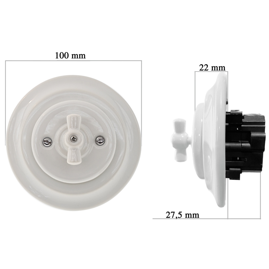 Reblig - Interruptor rotativo retro de porcelana com moldura n.º 7, branco