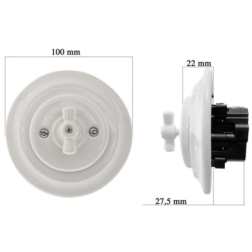 Reblig - Interruptor rotativo retro em porcelana com moldura n.º 5, branco