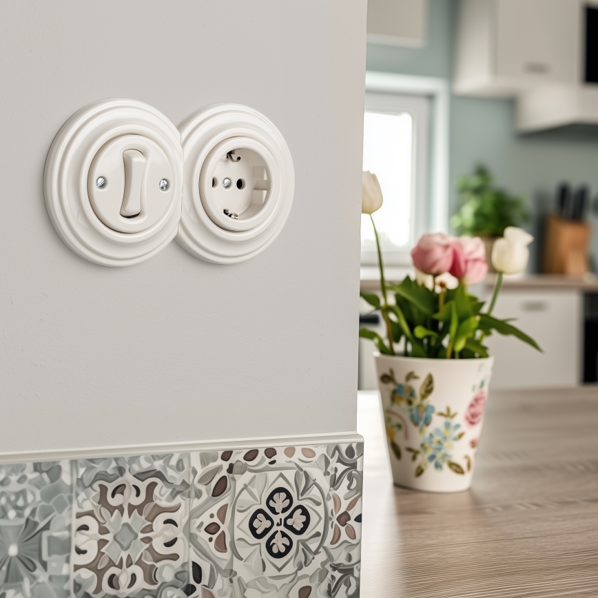 Reblig - Interruptor unipolar retro n.º 1 e tomada SCHUKO 230V com moldura bege