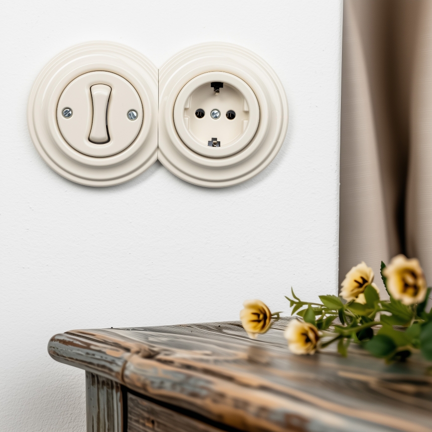 Reblig - Interruptor unipolar retro n.º 1 e tomada SCHUKO 230V com moldura bege