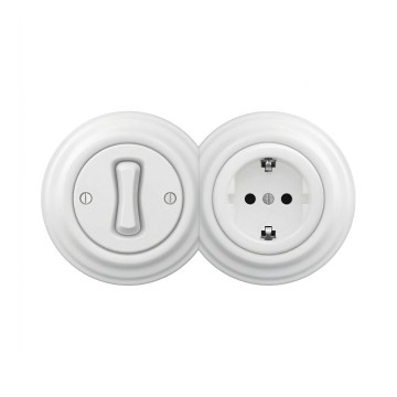 Reblig - Interruptor unipolar Retro n.º 1 e tomada SCHUKO 230V com moldura, branco neve